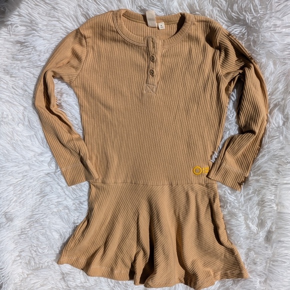 Neutral Ribbed Baby Girl Dress – Long Sleeve Cotton Outfit with Button Detail 3T - Picture 1 of 5